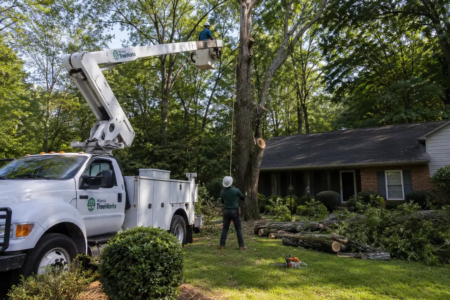 Tree crew using ropes to lower a large limb beside a Greenville home