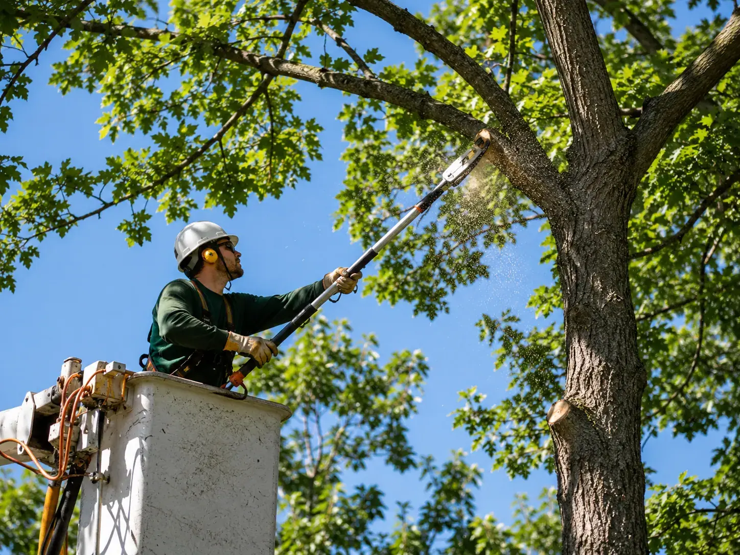 Arborist making a clean reduction cut in a healthy Greenville shade tree